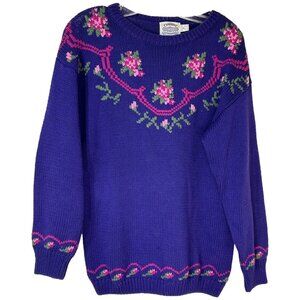 Vintage Cambridge Dry Goods Purple  Floral Knit Sweater women’s size‎ medium